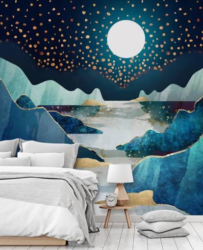 carta da parati paesaggio luna oro e blu carta da parati paesaggio luna oro e blu