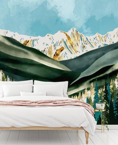 sage green and gold coloured mountain wallpaper