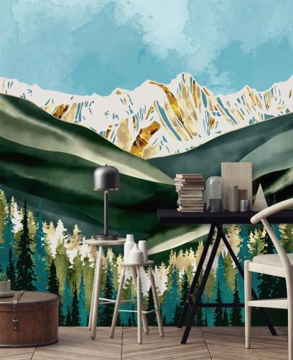 sage green and gold coloured mountain wallpaper