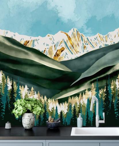 papier peint montagne vert sauge et or