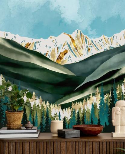 papier peint montagne vert sauge et or