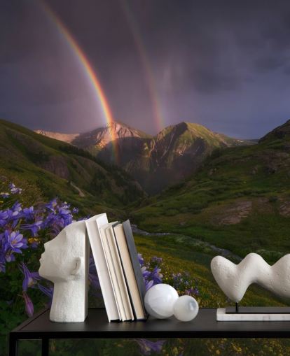 nuvole di tempesta e arcobaleno sopra carta da parati campi di montagna nuvole di tempesta e arcobaleno sopra carta da parati campi di montagna