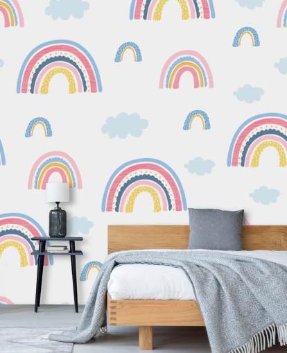 papier peint arcs-en-ciel pastel et nuages bleus