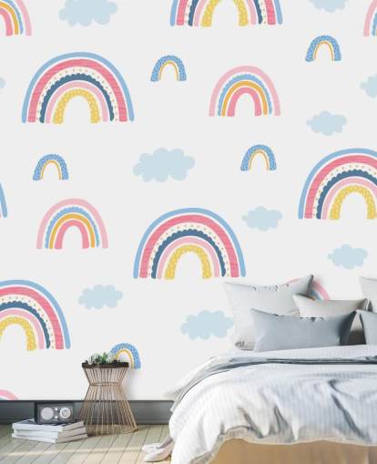 papier peint arcs-en-ciel pastel et nuages bleus