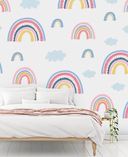 pastel rainbows and blue clouds wallpaper
