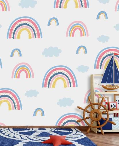 pastel rainbows and blue clouds wallpaper