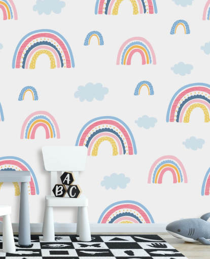 papier peint arcs-en-ciel pastel et nuages bleus