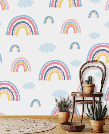 papier peint arcs-en-ciel pastel et nuages bleus