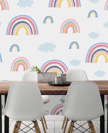 pastellfarbene Regenbogen und blaue Wolken-Tapete