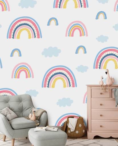 pastel regenbogen en blauwe wolken behang