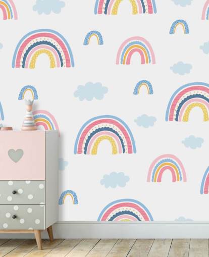 pastel rainbows and blue clouds wallpaper