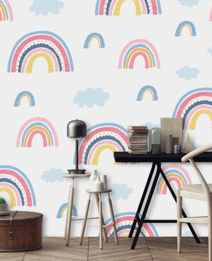 pastel rainbows and blue clouds wallpaper
