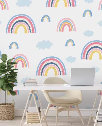 pastel rainbows and blue clouds wallpaper