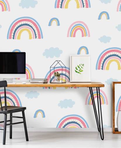 pastel rainbows and blue clouds wallpaper