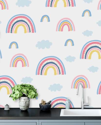 pastel rainbows and blue clouds wallpaper