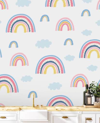 pastel rainbows and blue clouds wallpaper