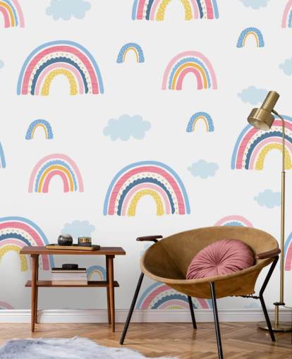pastel rainbows and blue clouds wallpaper