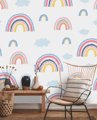 pastel rainbows and blue clouds wallpaper