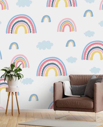 pastel regenbogen en blauwe wolken behang