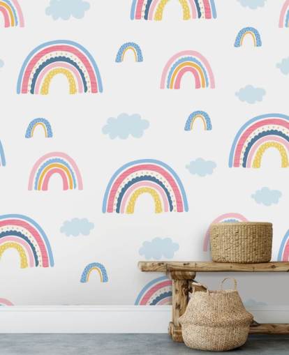 papier peint arcs-en-ciel pastel et nuages bleus