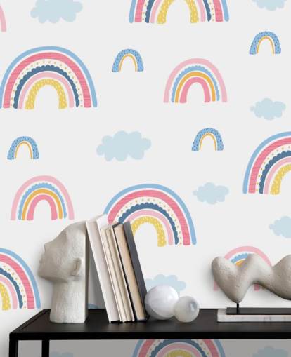 papier peint arcs-en-ciel pastel et nuages bleus