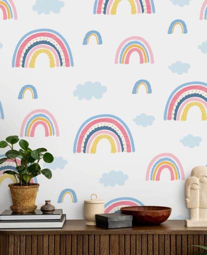 pastel rainbows and blue clouds wallpaper