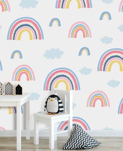 pastel rainbows and blue clouds wallpaper