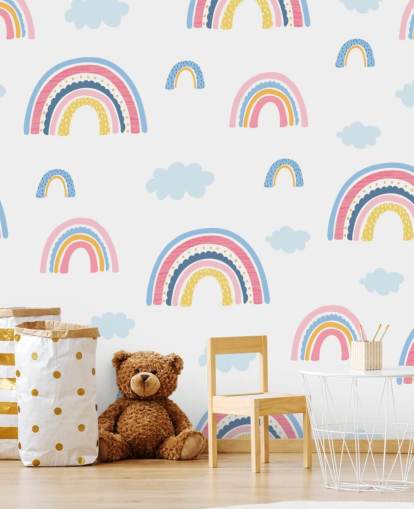 papier peint arcs-en-ciel pastel et nuages bleus