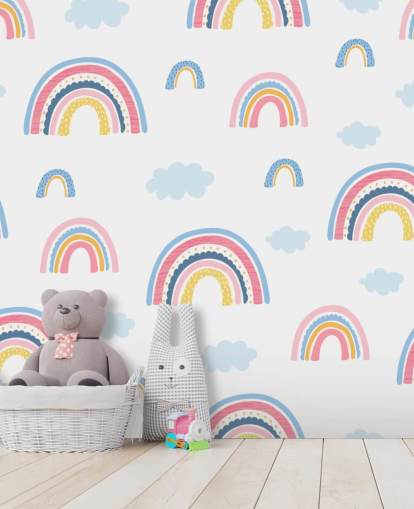 pastel regenbogen en blauwe wolken behang