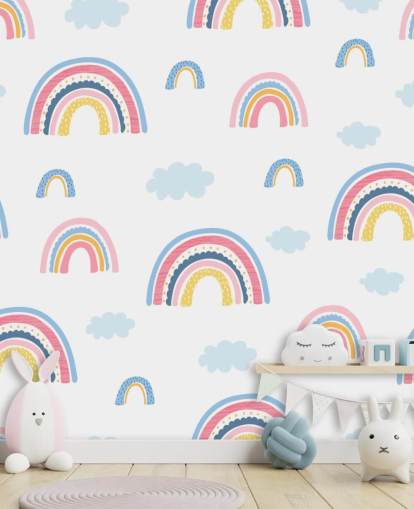 papier peint arcs-en-ciel pastel et nuages bleus