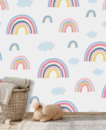 fondo de pantalla de arco iris pastel y nubes azules