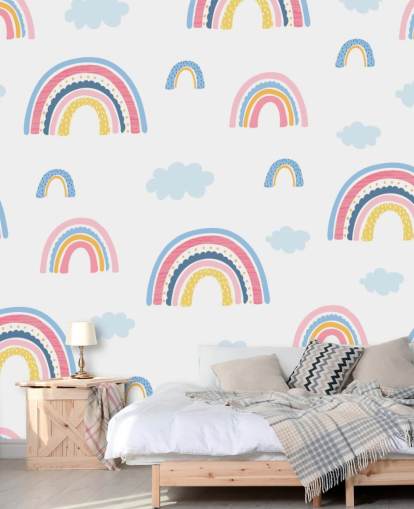 pastel rainbows and blue clouds wallpaper