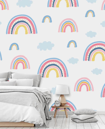 pastel rainbows and blue clouds wallpaper
