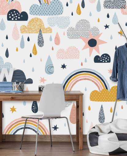 pastel rainbows, clouds and raindrops wallpaper