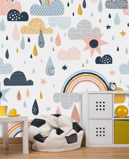 pastel rainbows, clouds and raindrops wallpaper