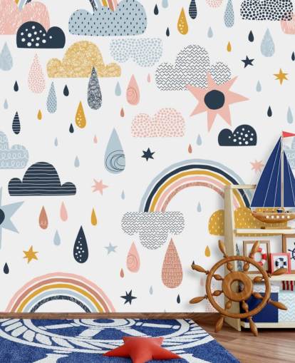 pastel rainbows, clouds and raindrops wallpaper