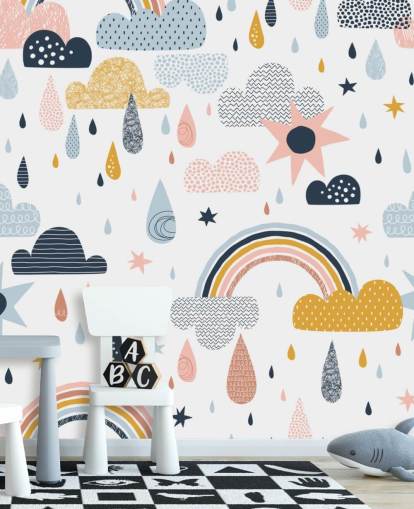 pastel regenbogen, wolken en regendruppels behang