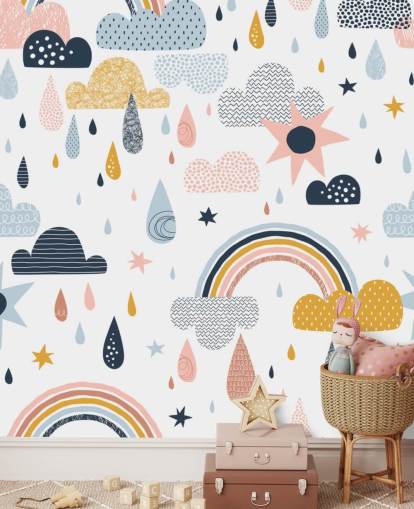 pastel rainbows, clouds and raindrops wallpaper