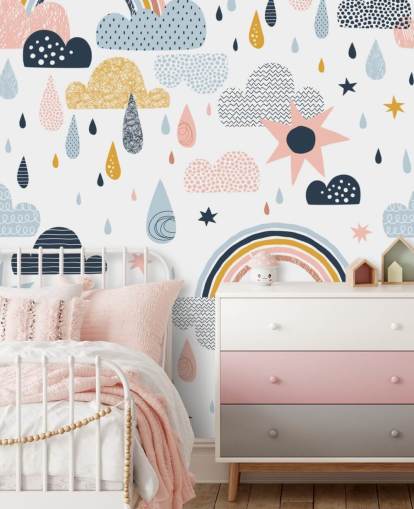 pastel rainbows, clouds and raindrops wallpaper