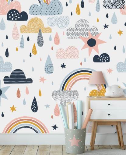 pastel rainbows, clouds and raindrops wallpaper