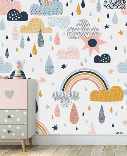 papier peint arcs-en-ciel, nuages et gouttes de pluie pastel
