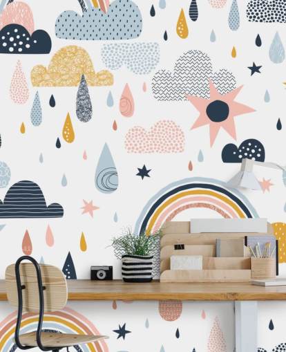 fondo de pantalla de arco iris pastel, nubes y gotas de lluvia