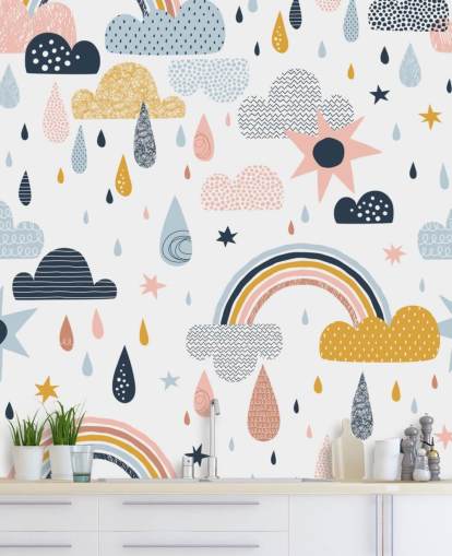 fondo de pantalla de arco iris pastel, nubes y gotas de lluvia