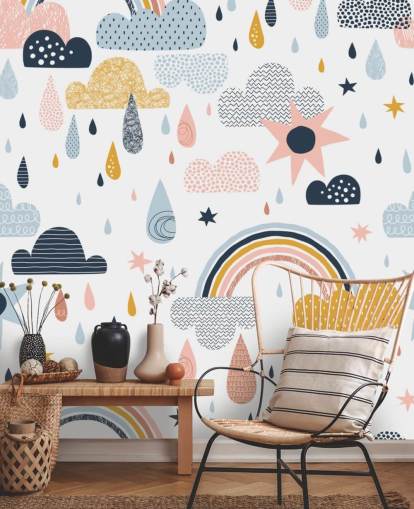 pastel rainbows, clouds and raindrops wallpaper