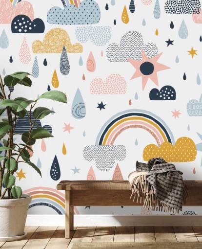 pastel rainbows, clouds and raindrops wallpaper