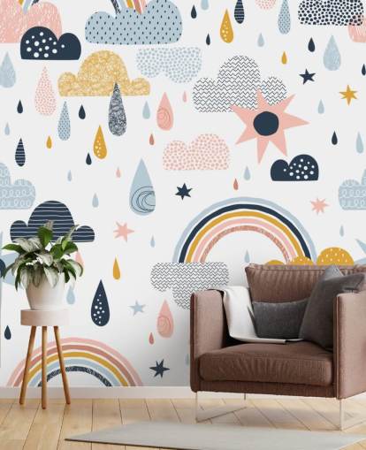 fondo de pantalla de arco iris pastel, nubes y gotas de lluvia