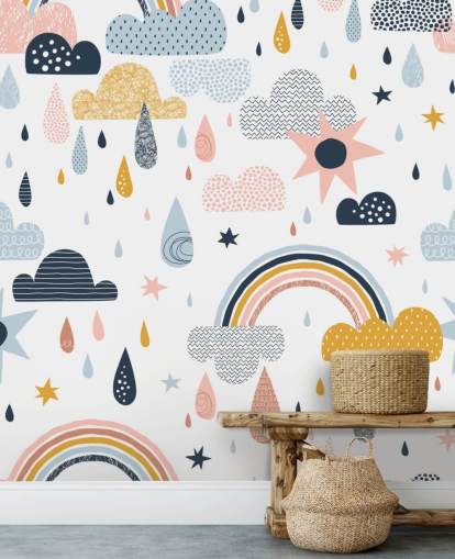 pastel rainbows, clouds and raindrops wallpaper