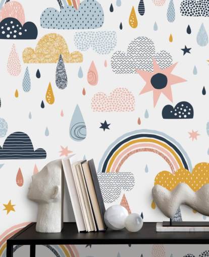 pastel rainbows, clouds and raindrops wallpaper