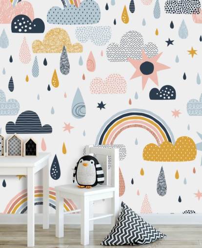 pastel regenbogen, wolken en regendruppels behang pastel regenbogen, wolken en regendruppels behang