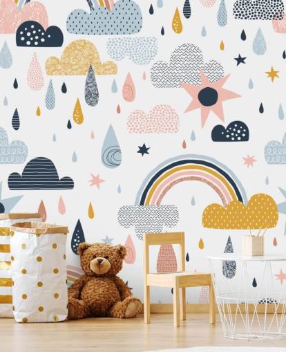 papier peint arcs-en-ciel, nuages et gouttes de pluie pastel